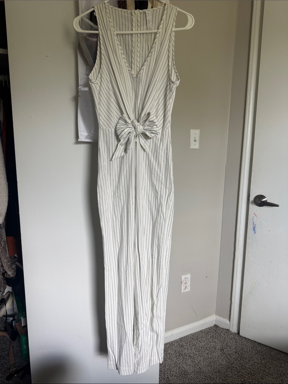 Mango White Jumpsuit with Black Pinstripes